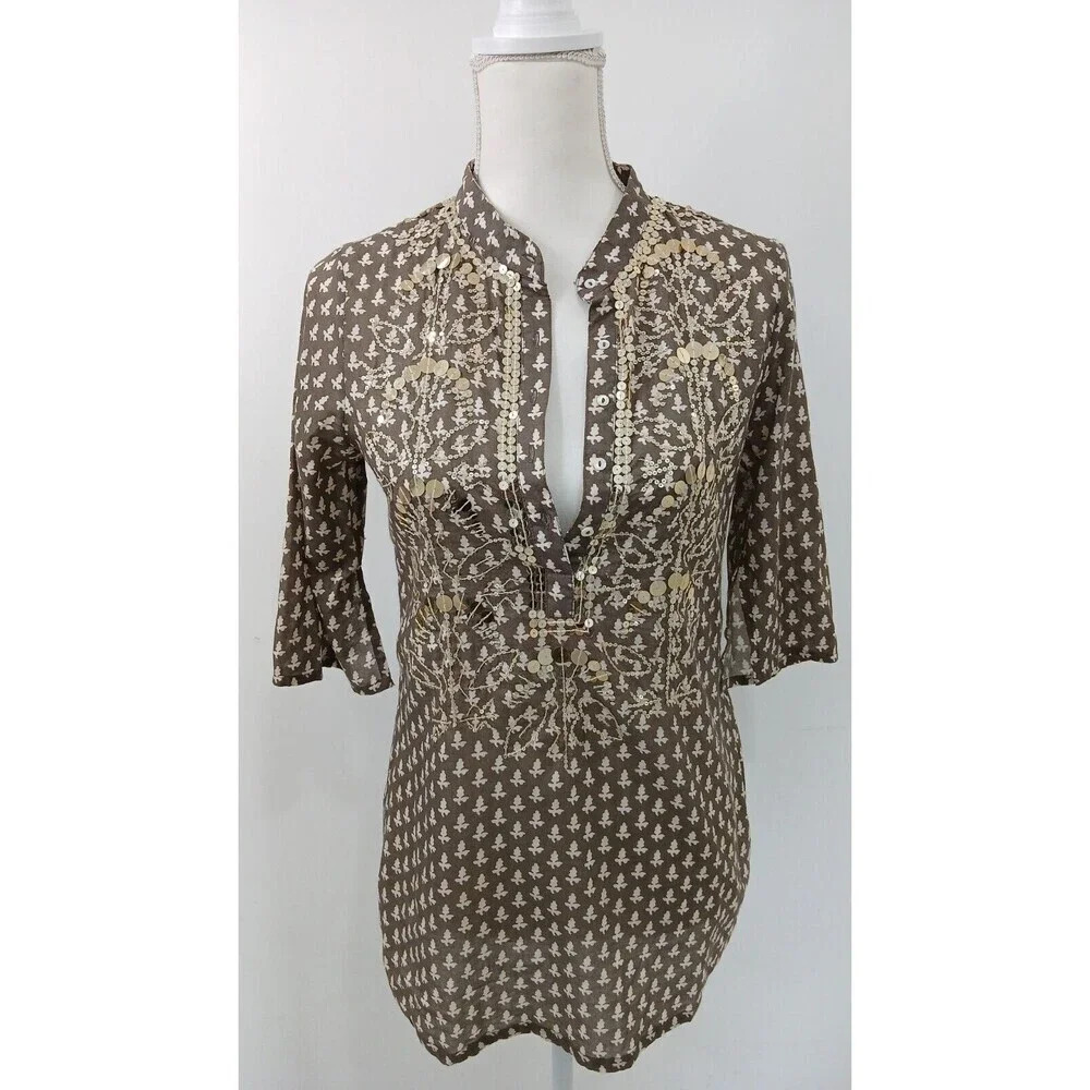 Figue Brown Printed Sequin Embellished Tunic Top XXS Boho Split Neck 3/4 Sleeve